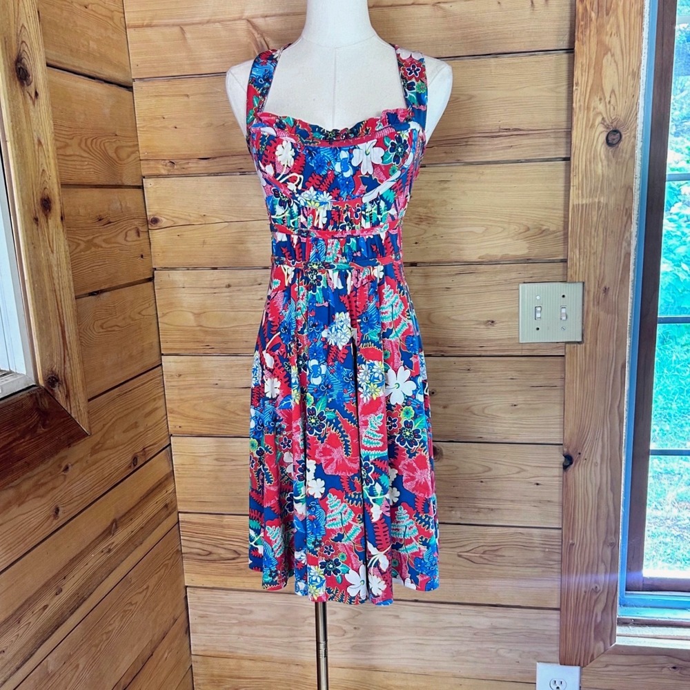 Vintage Tropical Floral Dress Women Medium Red Blue Hibiscus Y2K Suzy Shier
